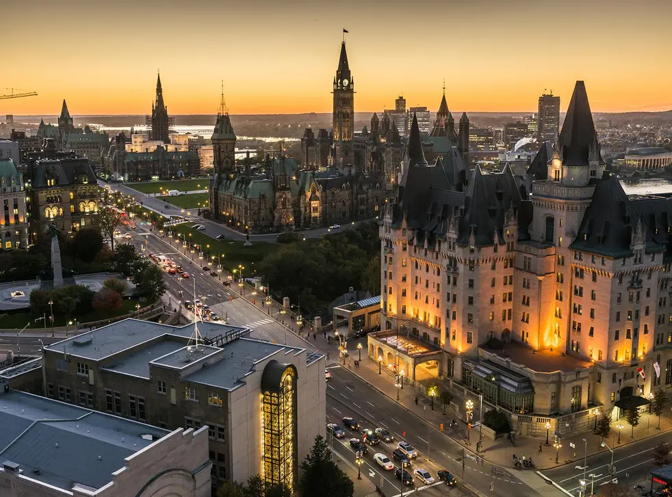 The Canadian Parliament at dusk.