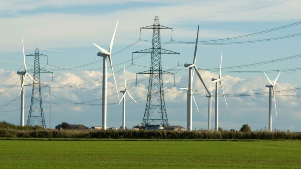 Hydro lines with windmills.