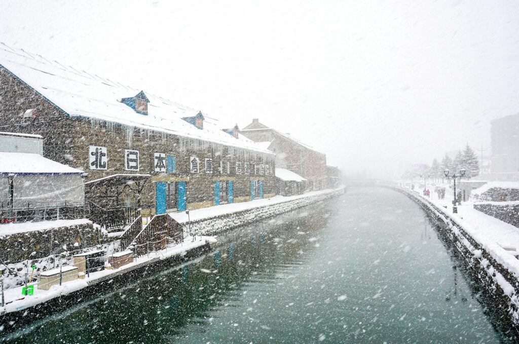 Snow falling on a river with a row of houses in the back