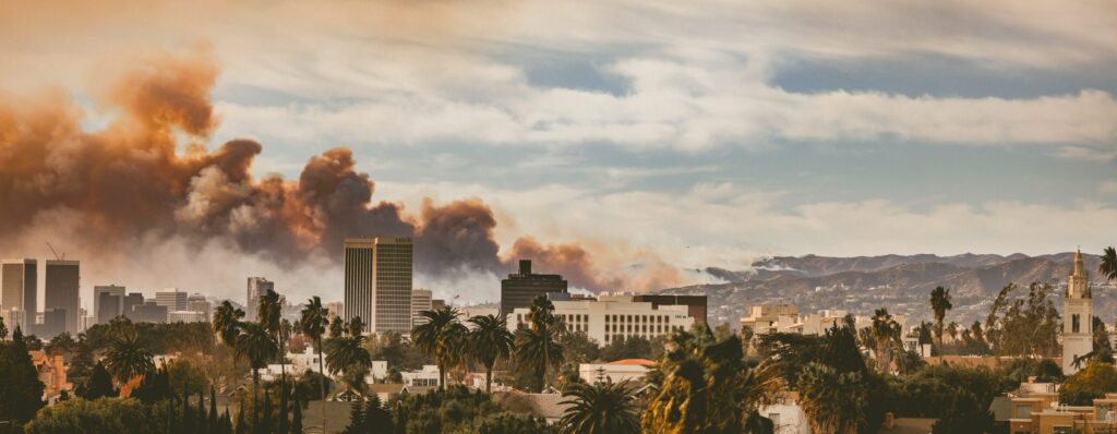 Buildings burning during the California wildfires