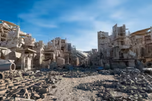 Buildings in rubble after explosions